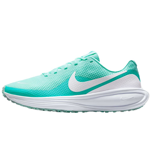 A teal and white Nike running shoe with a mesh upper, white swoosh logo, and cushioned white sole.