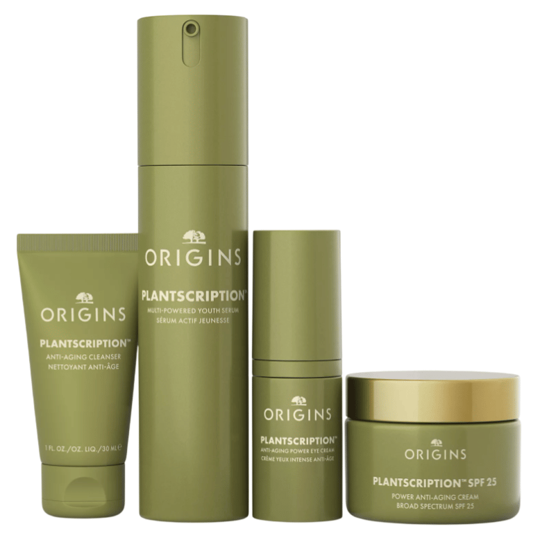 Origins Plantscription set includes Anti-Aging Cleanser, Multi-Powered Youth Serum, Anti-Aging Power Eye Cream, and SPF 25 Anti-Aging Cream.