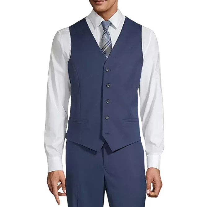 A man is wearing a blue waistcoat over a white dress shirt with a striped tie, paired with matching blue trousers.