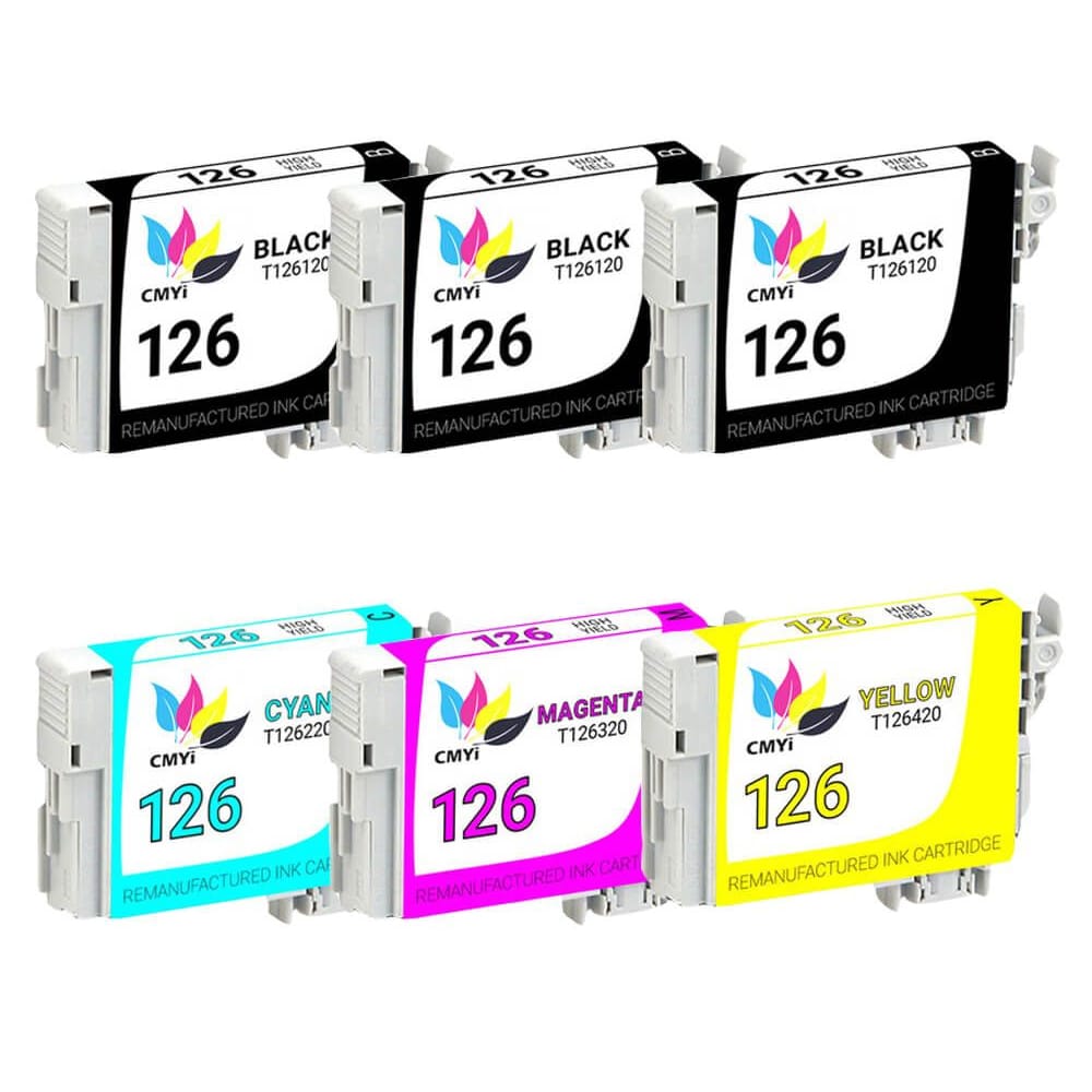 6-pack of remanufactured Epson 126 ink cartridges includes 2 black (T126120), 1 cyan (T126220), 1 magenta (T126320), and 1 yellow (T126420).