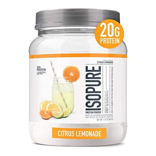 A container of Isopure protein powder in Citrus Lemonade flavor, offering 20 grams of protein per serving.