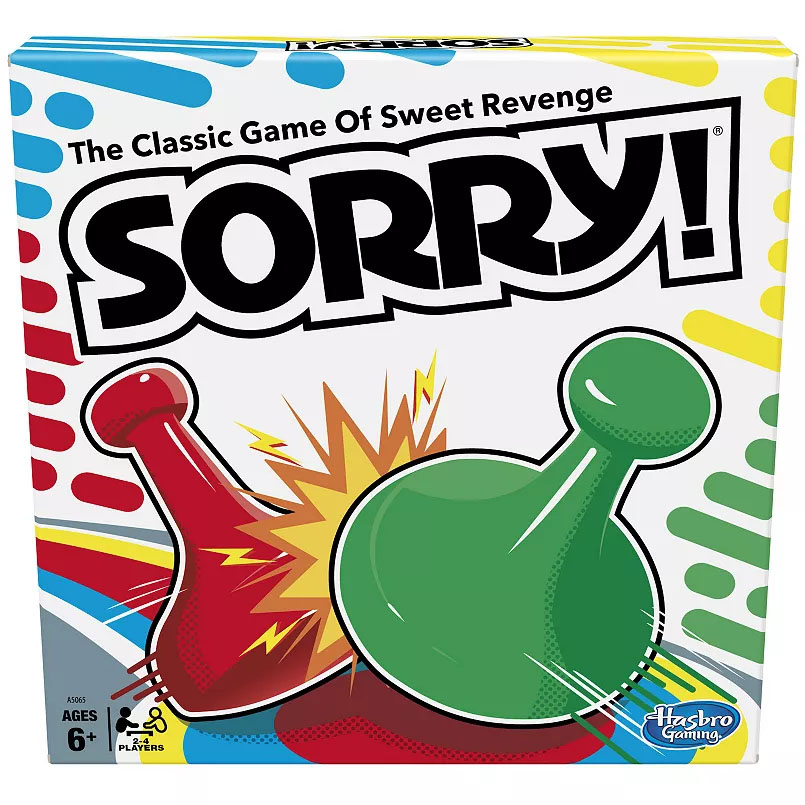 The Classic Sorry Game is a board game for 2-4 players ages 6 and up, known as \“The Classic Game of Sweet Revenge,\“ featuring colorful pawn pieces by Hasbro Gaming.