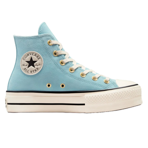 Light blue high-top Converse Chuck Taylor All Star shoes with a platform sole, white toe cap, and contrasting black stripe. Features white laces and gold eyelets, with the classic Converse logo patch on the ankle.
