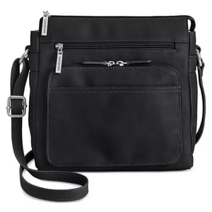 This is a black leather crossbody bag featuring multiple zippered compartments and an adjustable shoulder strap.
