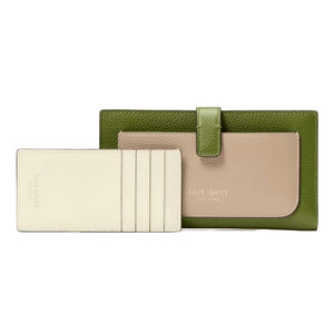 A green and beige leather wallet set by Kate Spade, featuring a cardholder with multiple slots and a larger wallet with a snap closure.