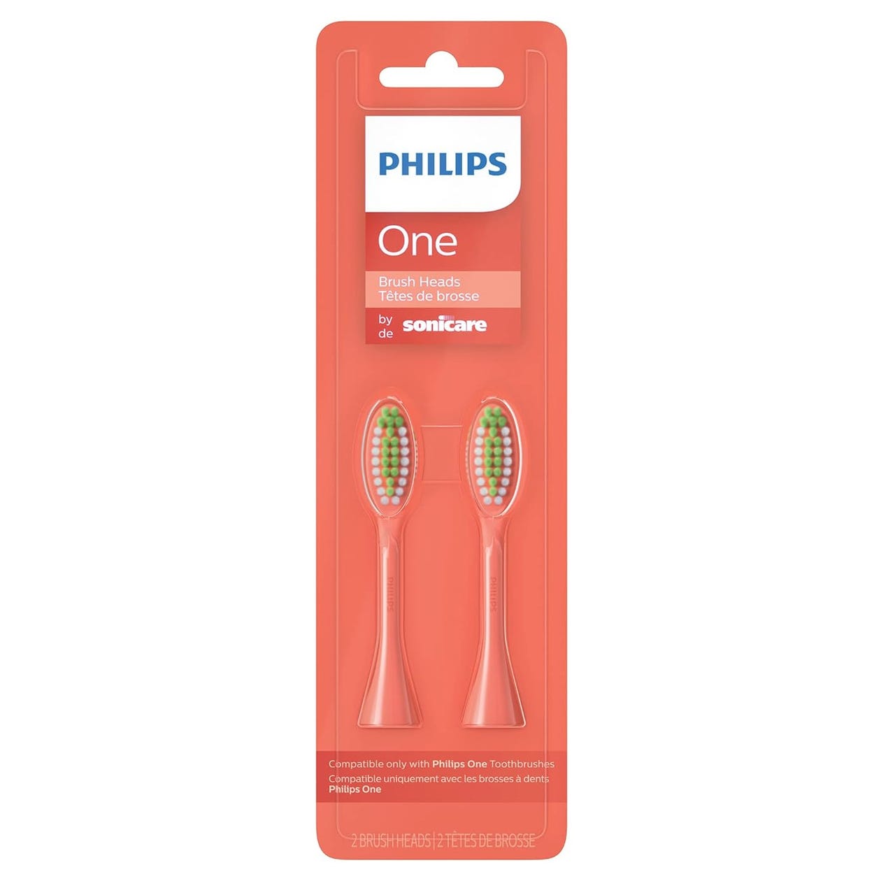 Philips One Sonicare 2pk Brush Heads are compatible with Philips One toothbrushes. They are orange with multicolored bristles designed for effective cleaning.