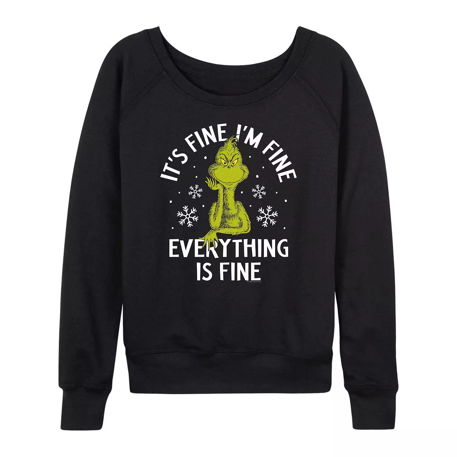 Black sweatshirt featuring the Grinch with a skeptical expression, surrounded by snowflakes, and the text \“It's Fine I'm Fine Everything Is Fine\“ in white.