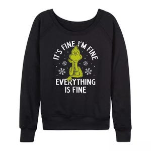 Black sweatshirt featuring the Grinch with a skeptical expression, surrounded by snowflakes, and the text \“It's Fine I'm Fine Everything Is Fine\“ in white.
