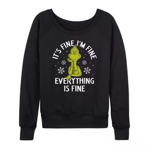 Black sweatshirt featuring the Grinch with a skeptical expression, surrounded by snowflakes, and the text \“It's Fine I'm Fine Everything Is Fine\“ in white.