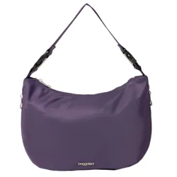 A purple Baggalini hobo bag with a detachable shoulder strap and a silver logo on the front.