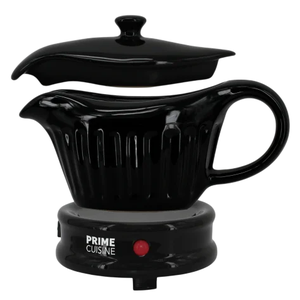 Electric gravy warmer with a black ceramic design, detachable lid, and base labeled \“Prime Cuisine.\“