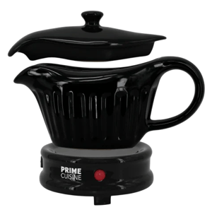 Electric gravy warmer with a black ceramic design, detachable lid, and base labeled \“Prime Cuisine.\“