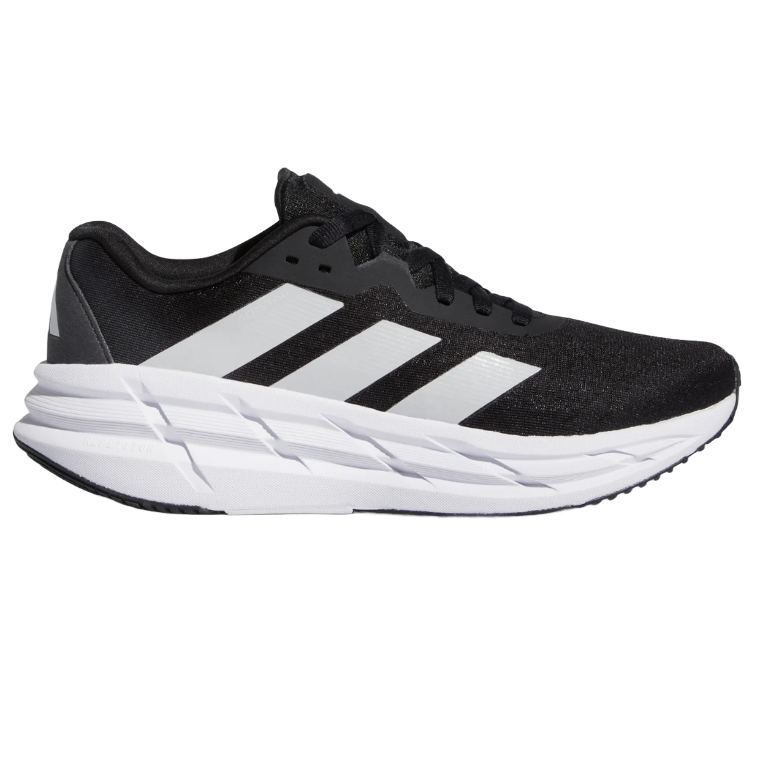 Adidas Women's Adistar Shoes feature a sleek black and white design with three white stripes on the side, cushioned midsoles, and a lace-up closure, offering style and comfort for running or casual wear.