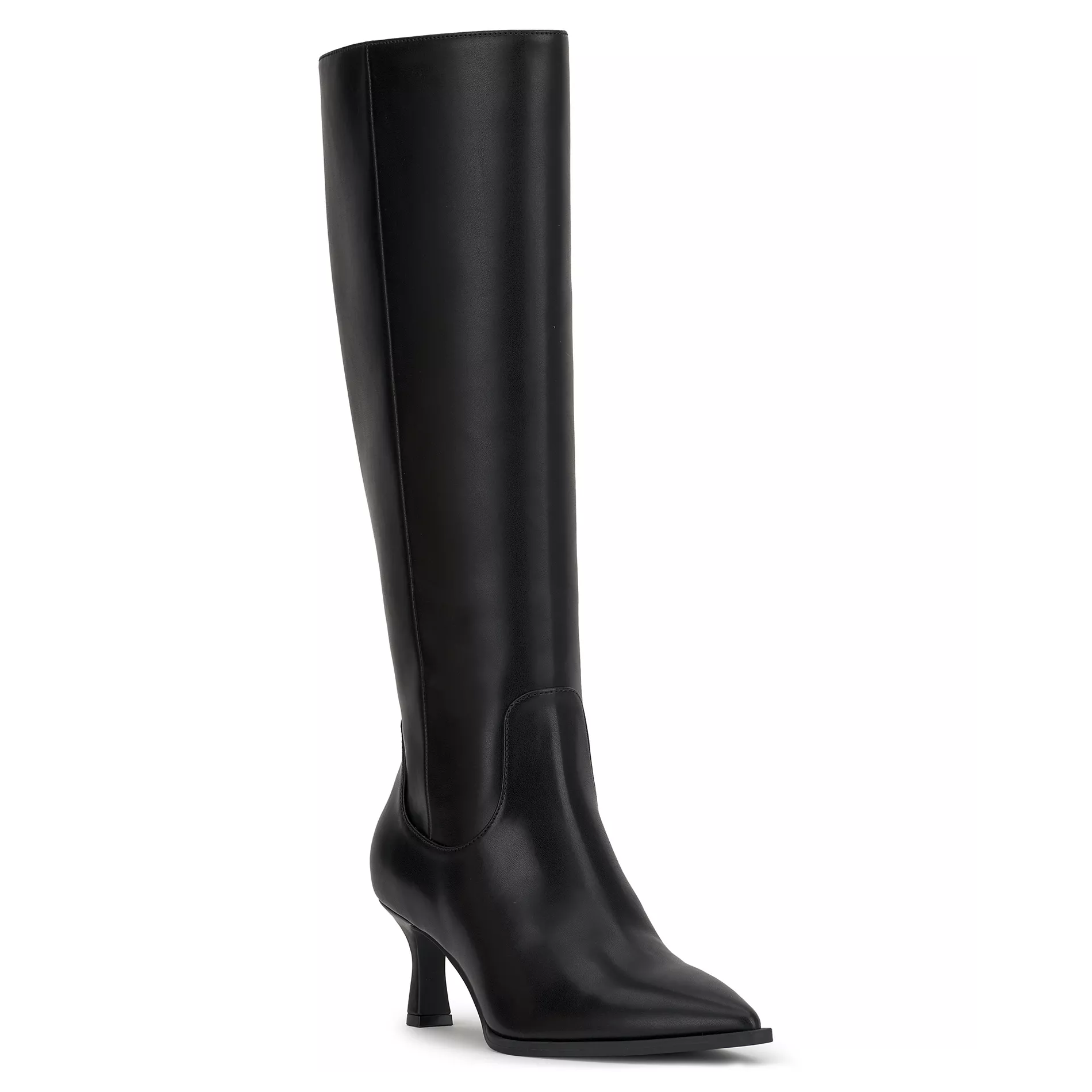 Black knee-high boot with a pointed toe and mid-height heel, crafted from smooth leather.