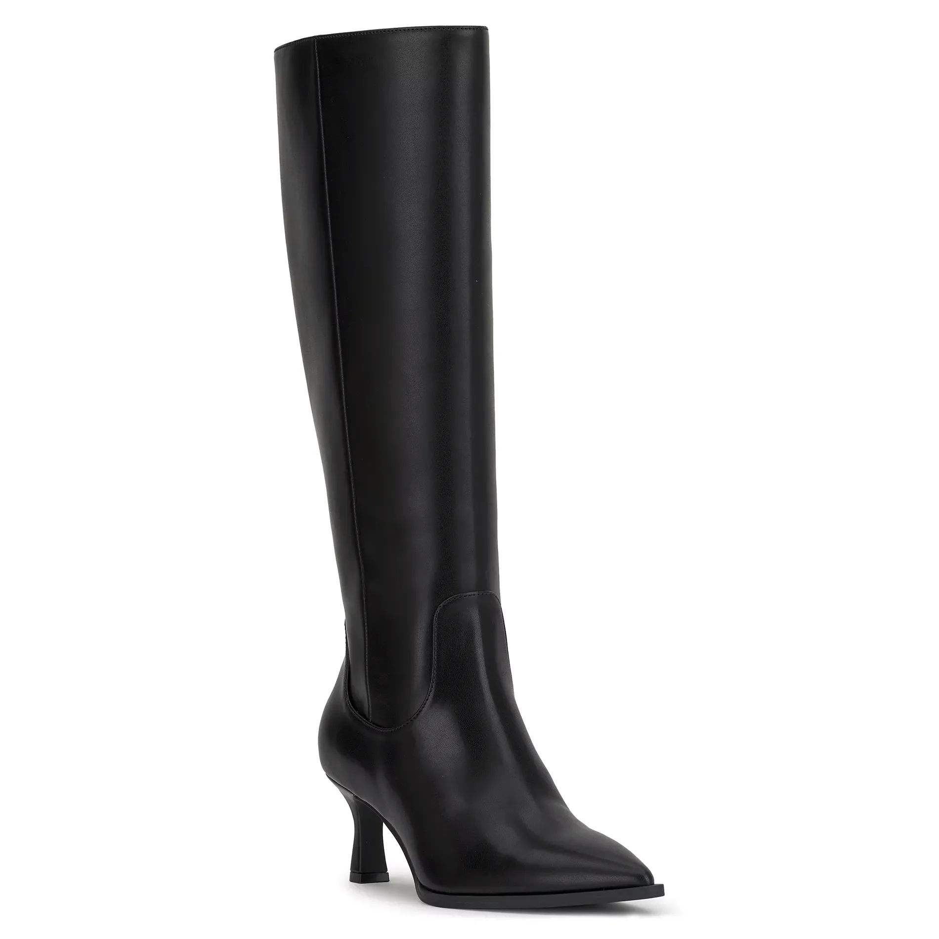 Black knee-high boot with a pointed toe and mid-height heel, crafted from smooth leather.
