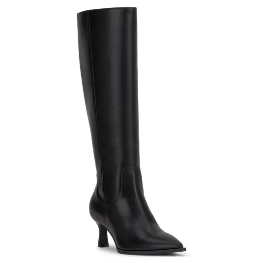 Black knee-high boot with a pointed toe and mid-height heel, crafted from smooth leather.