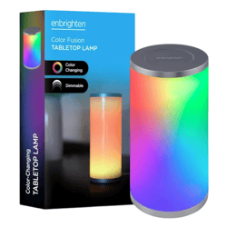 Enbrighten Color Fusion Tabletop Lamp, featuring color-changing and dimmable options, is shown next to its packaging.
