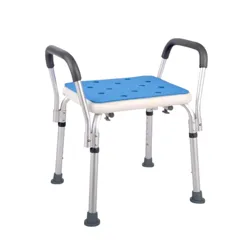 Adjustable shower chair with armrests and non-slip rubber feet, featuring a blue seat with drainage holes; includes a hanging bag accessory for storage.