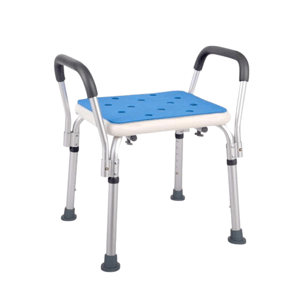 Adjustable shower chair with armrests and non-slip rubber feet, featuring a blue seat with drainage holes; includes a hanging bag accessory for storage.