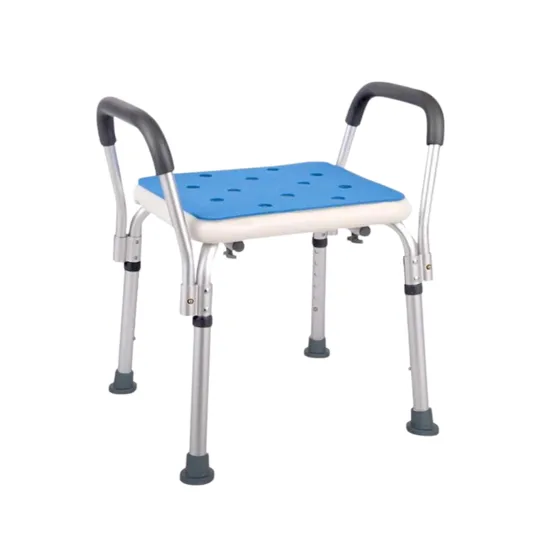Adjustable shower chair with armrests and non-slip rubber feet, featuring a blue seat with drainage holes; includes a hanging bag accessory for storage.