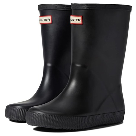 Black rubber rain boots with a textured sole and a logo on the front.