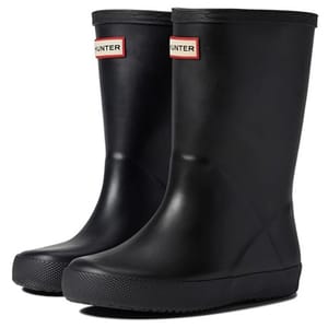 Black rubber rain boots with a textured sole and a logo on the front.