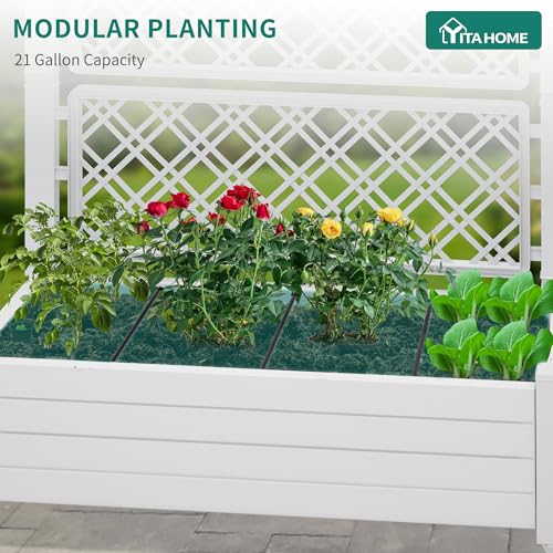 Modular planting box with a 21-gallon capacity, featuring a lattice backing and containing various plants, including flowers and greens.