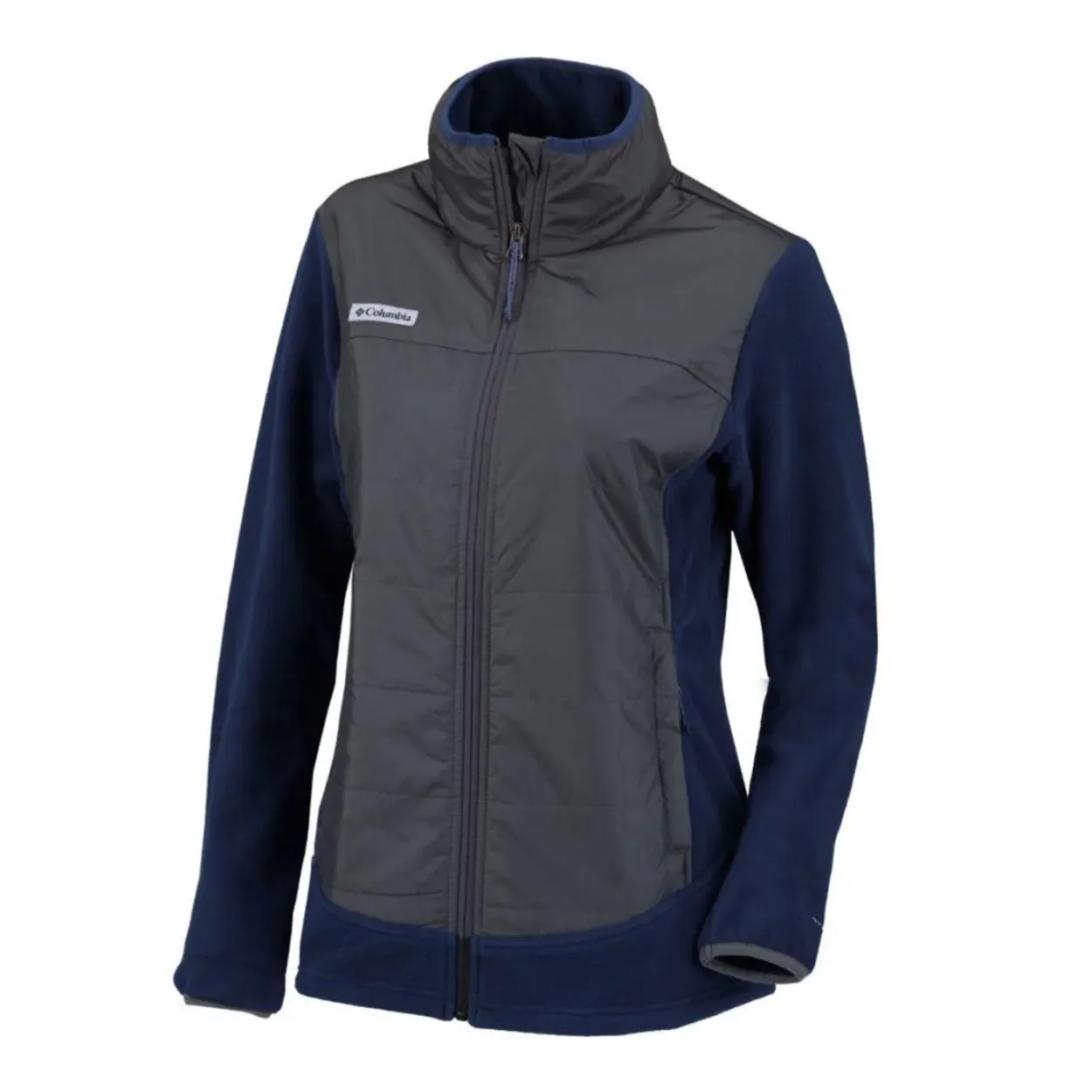 A navy and gray full-zip jacket with fleece sleeves and a high collar, featuring a Columbia logo on the chest.