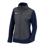 A navy and gray full-zip jacket with fleece sleeves and a high collar, featuring a Columbia logo on the chest.