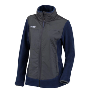 A navy and gray full-zip jacket with fleece sleeves and a high collar, featuring a Columbia logo on the chest.