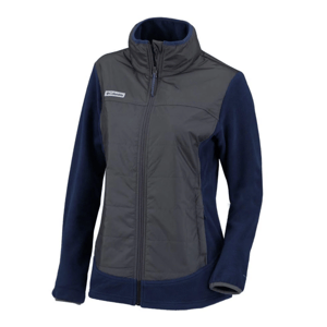 A navy and gray full-zip jacket with fleece sleeves and a high collar, featuring a Columbia logo on the chest.