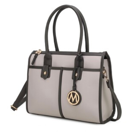 A stylish satchel with dual handles and contrasting trim, featuring six pockets, a detachable shoulder strap, and a prominent metal charm with an \“M\“ logo.