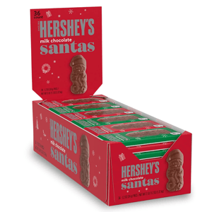 Hershey's Milk Chocolate Santas, 36-count box, featuring individually wrapped chocolates shaped like Santa Claus.