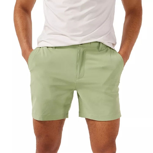 Light green Chubbies Performance Shorts with a flat front, belt loops, side pockets, and ending above the knee, paired with a white shirt.