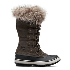 Sorel Joan Of Arctic Weatherproof Boots feature a tall, lace-up design with a fur cuff and waterproof construction. They combine a brown upper with a black rubber sole, providing style and protection in cold, wet conditions.