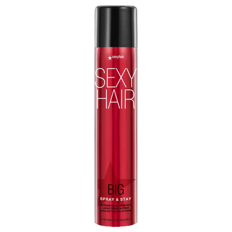 Sexy Hair Big Spray & Stay Intense Hold Hairspray, red can, black cap.