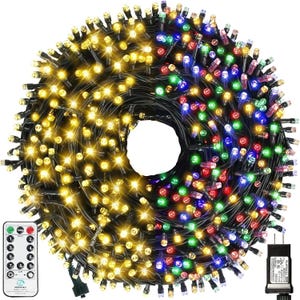 108-foot color-changing LED Christmas lights with remote control; features both warm white and multicolor settings with 8 modes. Includes a plug-in adapter.