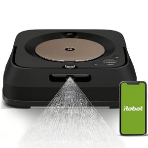 A smart robotic mop with a clean button and spray nozzle, compatible with a smartphone app displaying the iRobot logo.