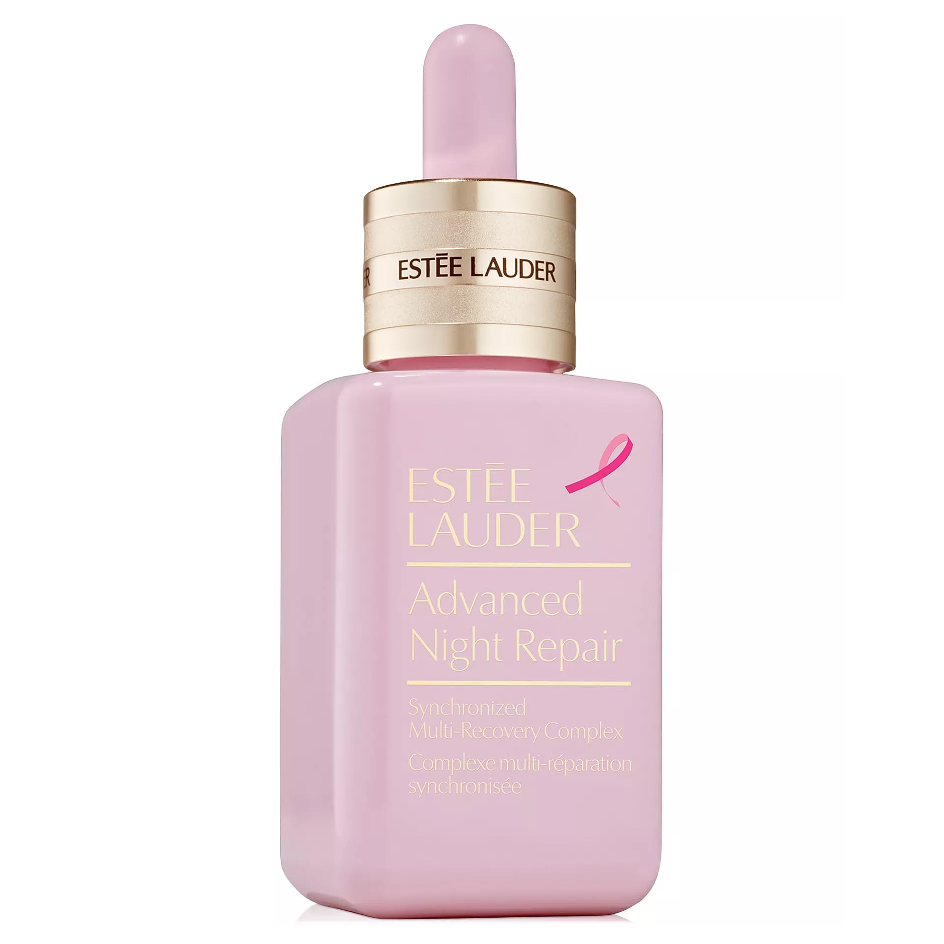 Estée Lauder Advanced Night Repair in a pink bottle, featuring a breast cancer awareness ribbon.