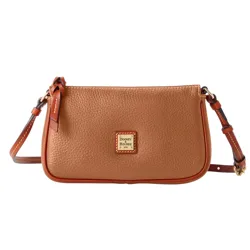 A tan leather crossbody bag from Dooney & Bourke with a pebbled texture, featuring an adjustable strap and a logo plaque on the front.