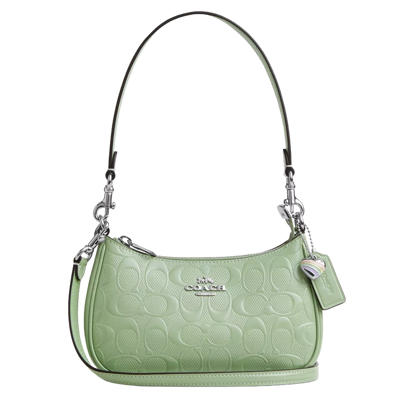 A green Coach shoulder bag with an embossed logo pattern, silver hardware, and an adjustable strap.