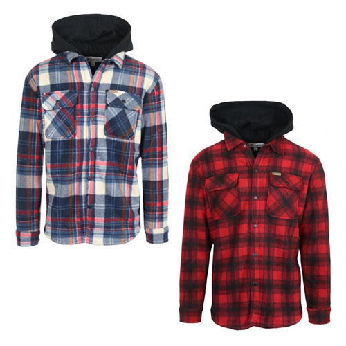Two men's sherpa-lined shackets are shown: one in a blue, white, and red plaid, and the other in red and black plaid. Both feature chest pockets and attached black hoods.