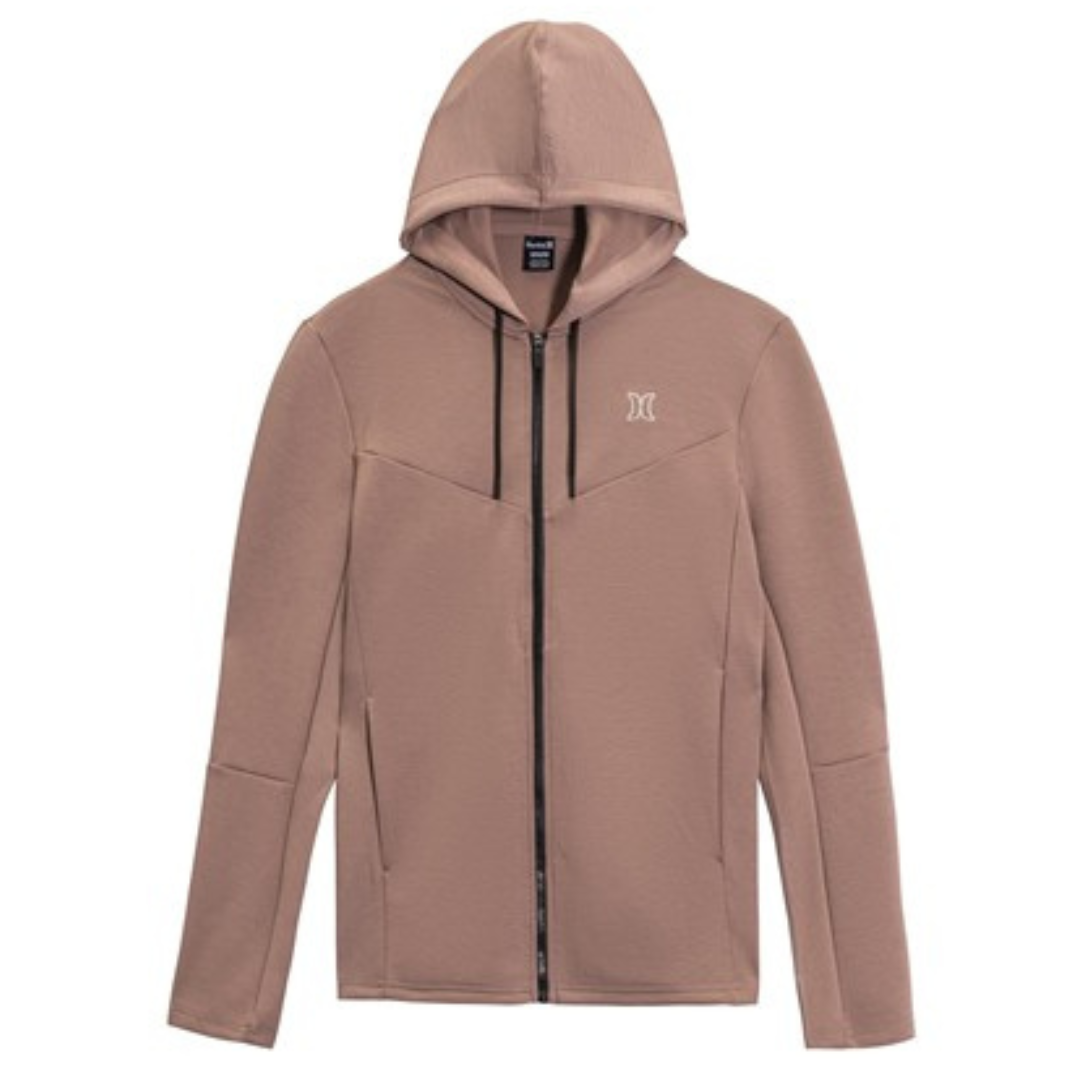 A taupe zip-up hoodie with a hood, featuring a minimalist design and a subtle logo on the chest.