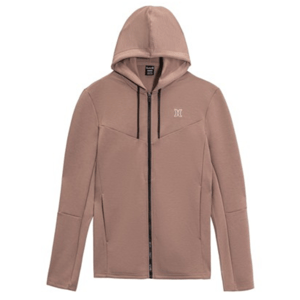 A taupe zip-up hoodie with a hood, featuring a minimalist design and a subtle logo on the chest.