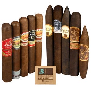 A 10-cigar variety pack featuring La Aurora and Oliva cigars in different wrappers and sizes, includes a Boveda 3-way humidity control pack.