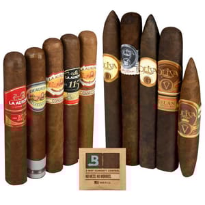 A 10-cigar variety pack featuring La Aurora and Oliva cigars in different wrappers and sizes, includes a Boveda 3-way humidity control pack.