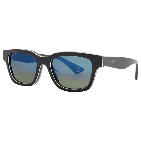A pair of black rectangular Gucci sunglasses with blue gradient lenses, featuring the Gucci logo on the temples.