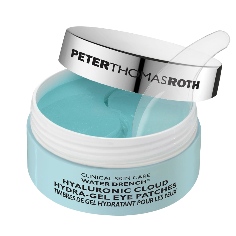 Water Drench Hyaluronic Cloud Hydra-Gel Eye Patches by Peter Thomas Roth are designed for under-eye hydration. They come in a light blue jar with a clear applicator.