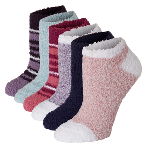 Hanes Cozy No Show Socks 6-pack features soft, fluffy textures with a variety of colors and patterns, including stripes and solids in shades of purple, blue, pink, and maroon, designed for comfort and style.