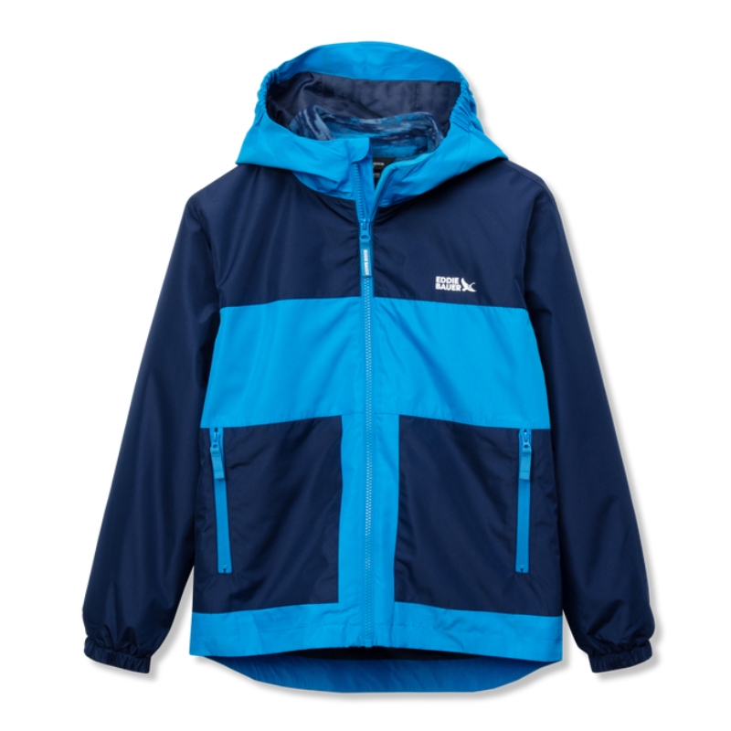 Boys Lone Peak 3-in-1 jacket features a two-tone blue color scheme with a zip-up front, detachable hood, and two front zipper pockets. It offers versatile layering with a waterproof outer shell and an inner fleece layer for warmth.